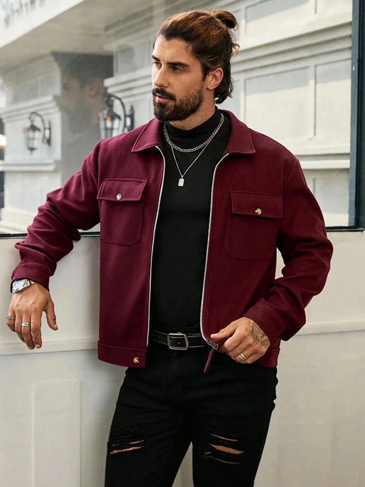 2025 Autumn/Winter New Solid Color Men's Woolen Coat Fashion Zipper College Style Jacket