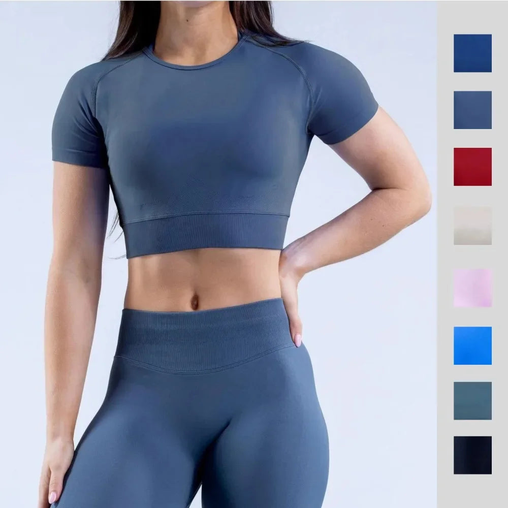Sommer-Damen-Yoga-Top, einfarbig, kurzärmelig, mit freiliegendem Nabel, eng anliegend, Rundhalsausschnitt, für Fitnessstudio, Sport, kurzärmeliges T-Shirt