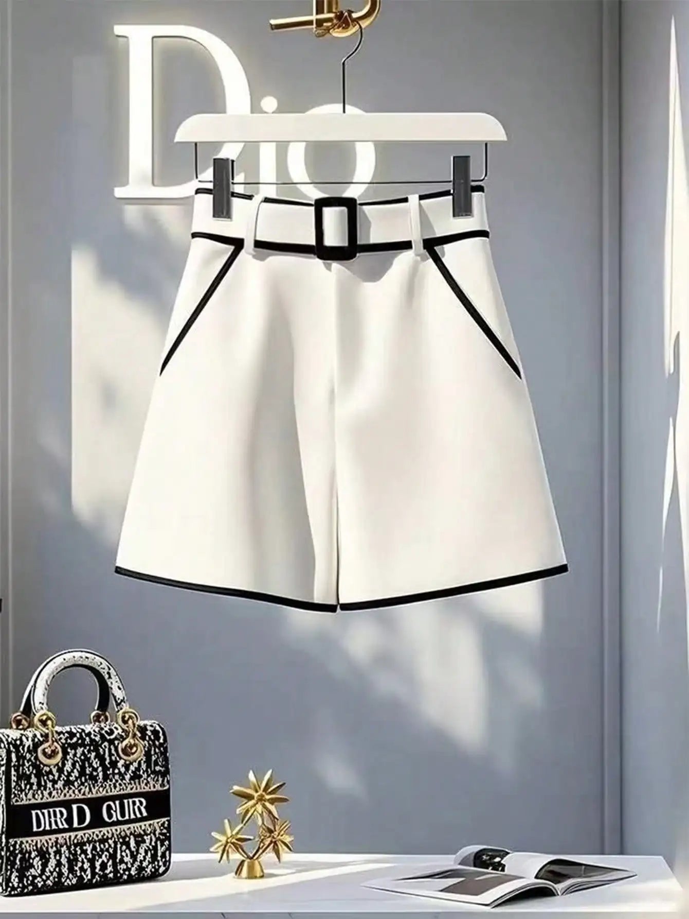 Elegante Weiß-Schwarze Shorts mit Paspelierung Hohe Taille Quadratischer Schnallengürtel A-Linien-Silhouette Büro-Shorts