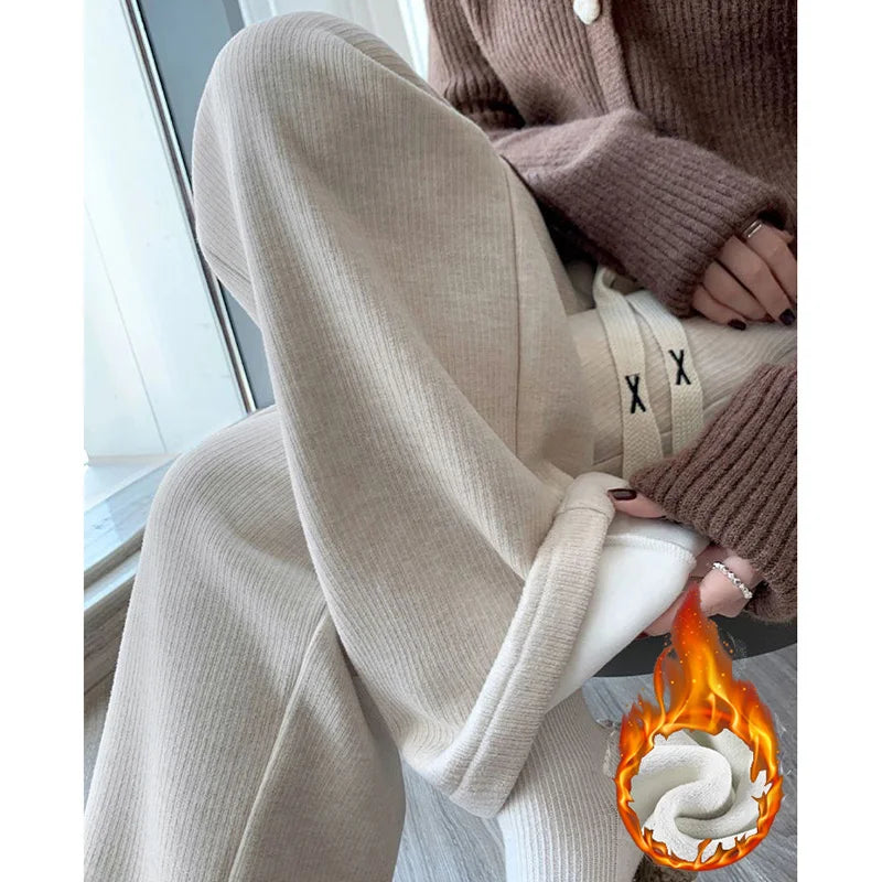 Winter Girls Snow Warm High Waisted Thermal Pants Women Fashion Straight Leg Plush Trousers Lady Thin Fleece Daily Pants