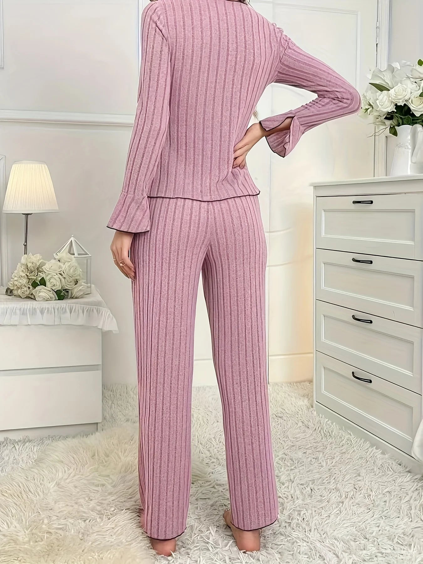 2-teiliges Damen-Pyjama-Set für Herbst und Winter, reine Farbe, elegante Schleife, einfache langärmelige Hose für Damen