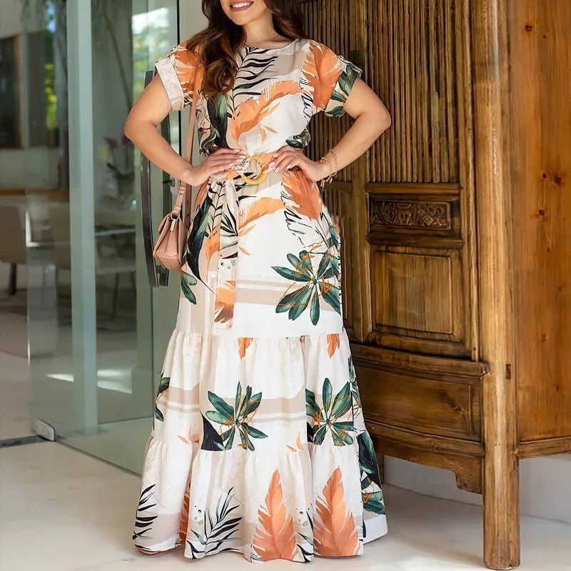 Hohe Taille Floral Blume Gedruckt Casual Fashion Lose Frauen Lange Maxi Kleid Kurzarm Gürtel Kleid
