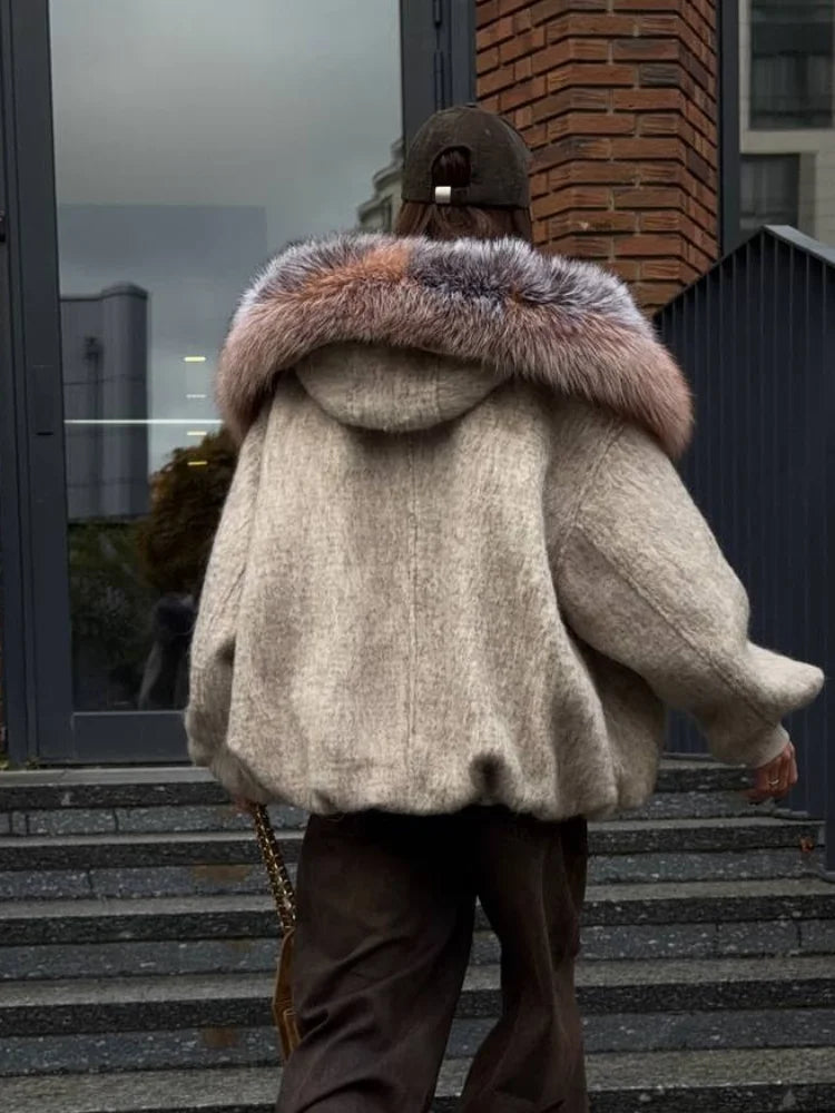Gefärbter Pelzkragen, kurze Wolljacke für Damen, modisch, Revers, volle Ärmel, einreihig, Patchwork, lose Jacken, 2025, Winter-Outwear