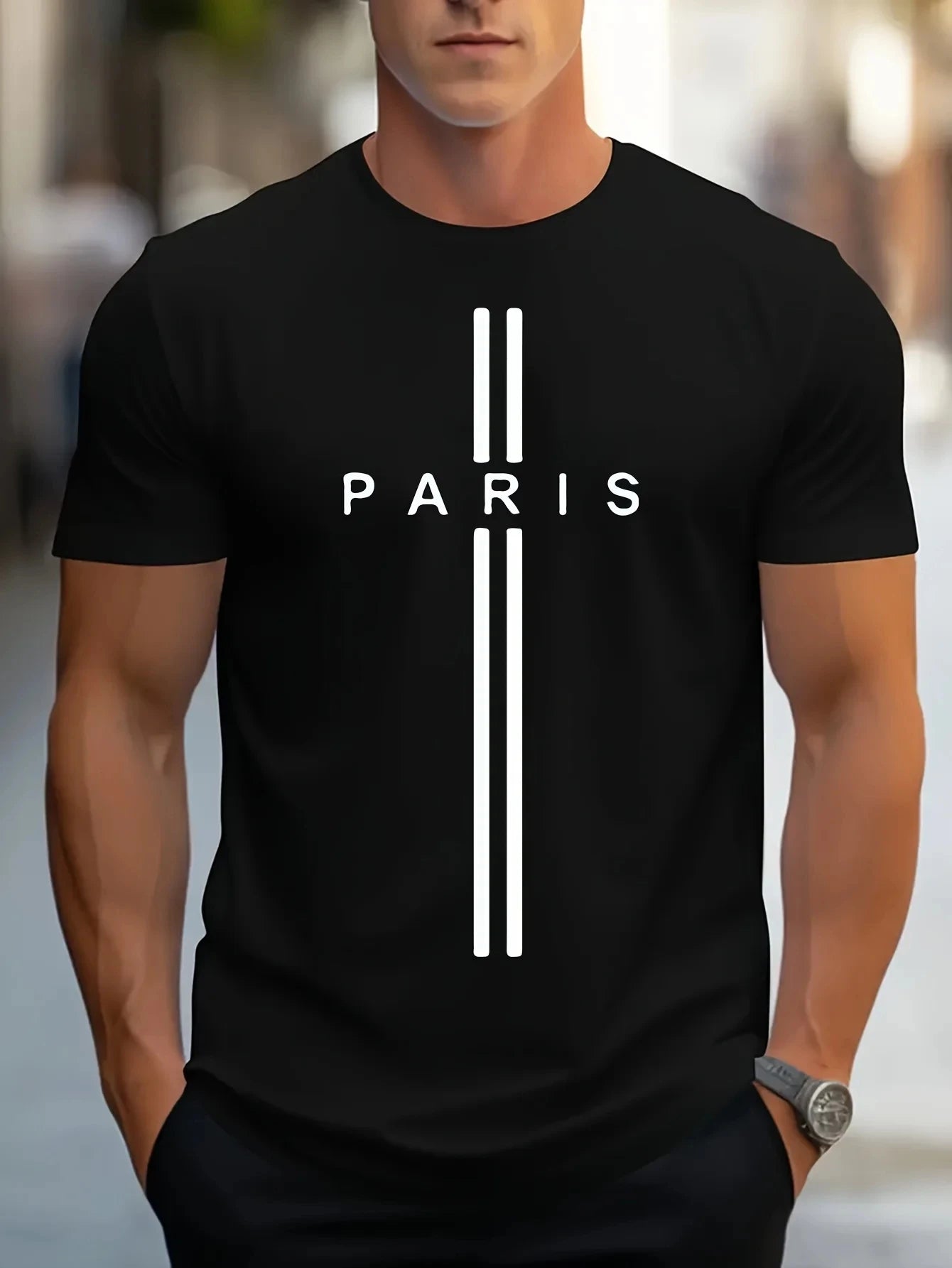 3D-gedrucktes lockeres Sommer-T-Shirt für Herren, lässiges enges T-Shirt mit Rundhalsausschnitt und Paris-Aufdruck, kurzärmeliges T-Shirt