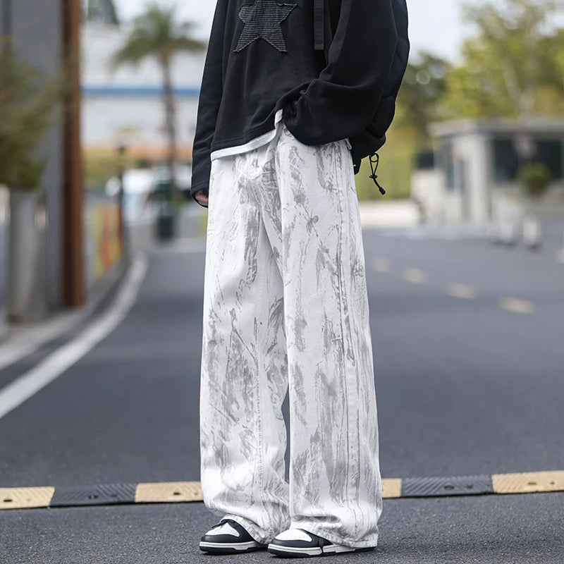 Jeans Herren Klassische Jeans mit geradem Bein, weiße Batik-Denim-Hose, Unisex, modische Freizeithose, Streetwear, Hip-Hop-Stil, gewaschen