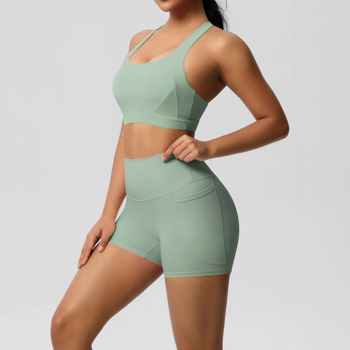 2PCS Sportswear Mit Taschen Yoga Set Gymnastik Kleidung Yoga Anzüge Für Frauen Trainingsanzüge Sport Shorts Crossover Bh Gym Leggings