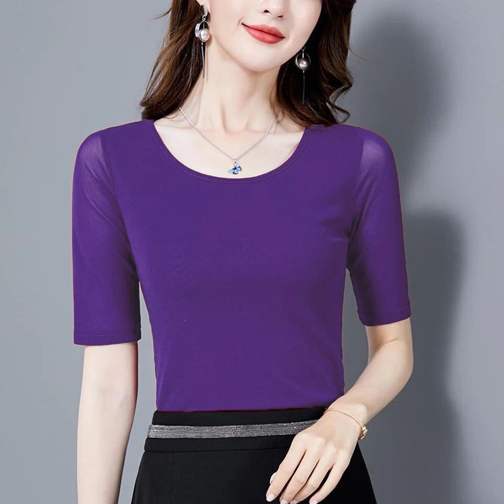 S-3XL Purple Blue Red Green Shirt Women Transparent Mesh Short Sleeve O-neck Thin T shirt Half Sleeve O Neck Female Blouses Tops