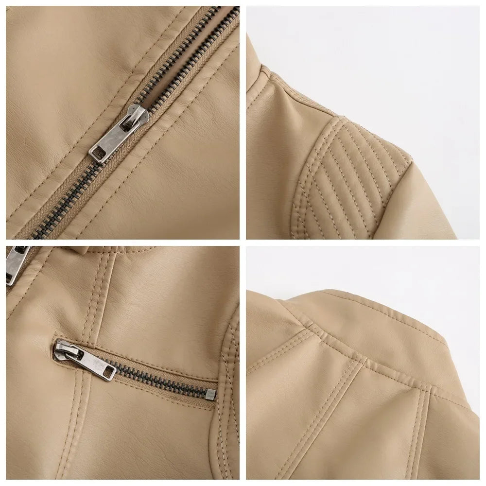 Neue 20-Damen-Lederjacke, dünn, Motorrad-Stil, kurze modische Damenjacke, Stehkragen, volle Ärmel, aus dem Festland China
