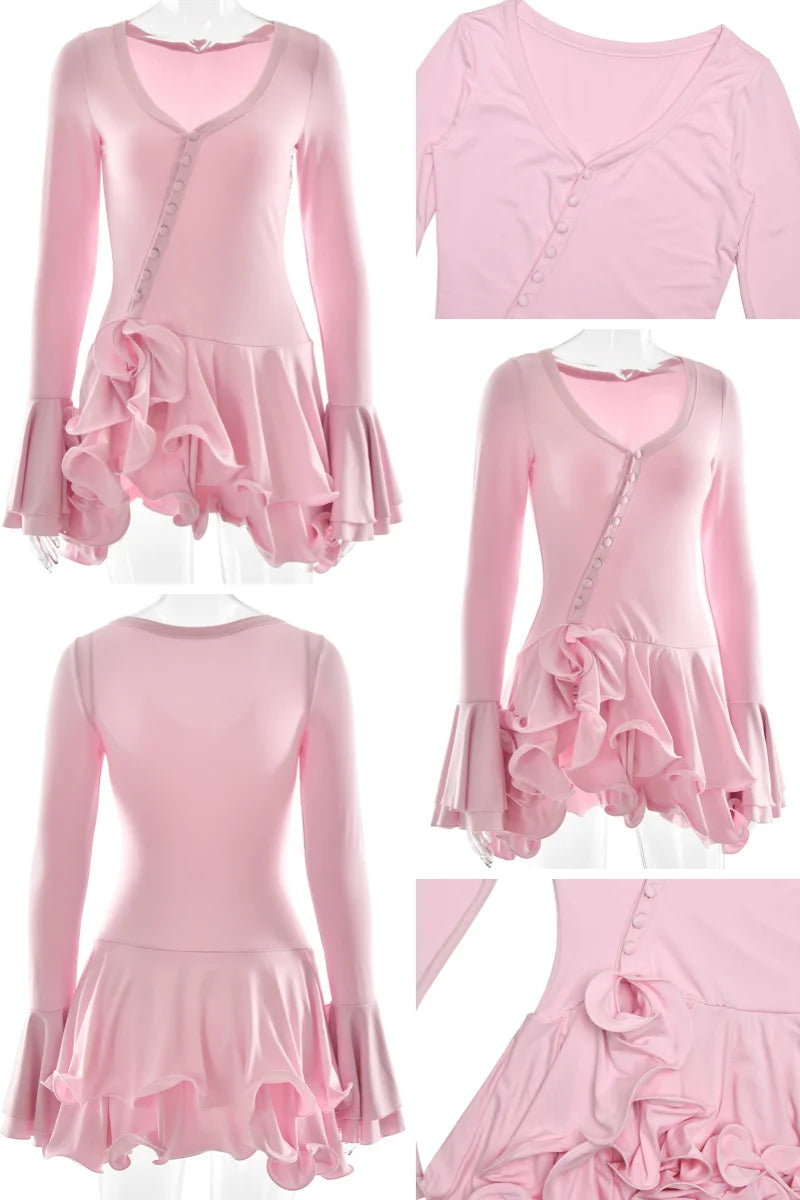 Absobe Damen A-Linie, figurbetontes Minikleid, Rüschensaum, V-Ausschnitt, asymmetrische Knöpfe, lange Ärmel, kurzes Kleid, Party, Streetwear, Outfits