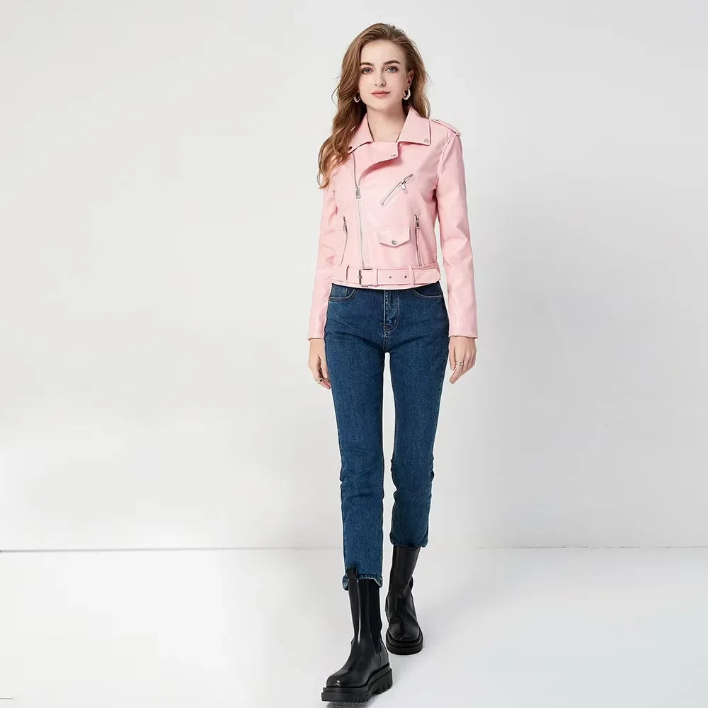 Women's PU Leather Jacket Slim Fit Motorcycle Washed Zipper Top Autumn Winter Fashion Outerwear Casual Style Full Sleeve