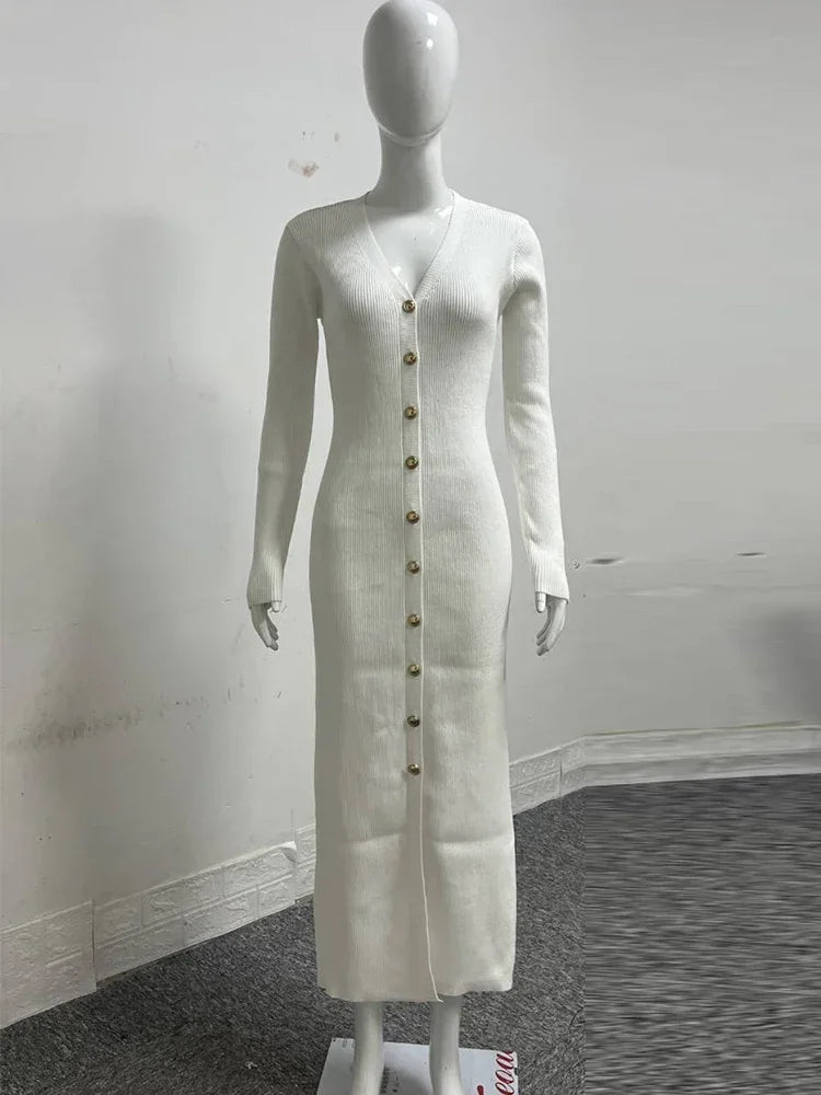 Trendix Elegantes Abendkleid für Damen, V-Ausschnitt, lange Ärmel, Patchwork, Knopf, Schlitz, Pullover, Kleider, 2024, Herbst und Winter, gestricktes Maxikleid