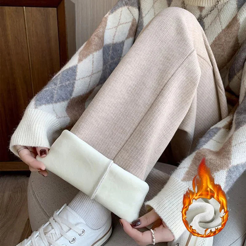 Winter Girls Snow Warm High Waisted Thermal Pants Women Fashion Straight Leg Plush Trousers Lady Thin Fleece Daily Pants