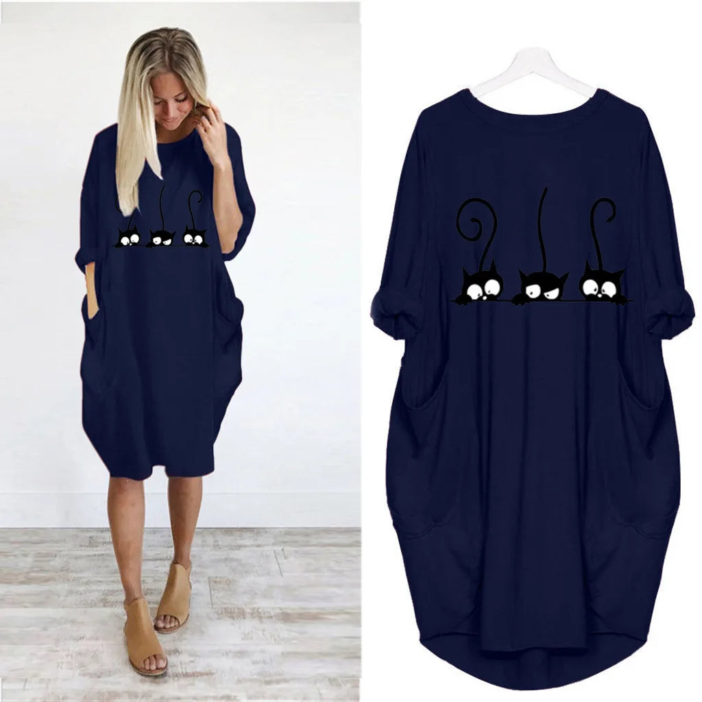 Frauen Lose Lange Ärmeln Sommer Plus Größe Kleid Herbst Winter Casual Rundhals Einfarbig Langarm Tasche Lose Pullove