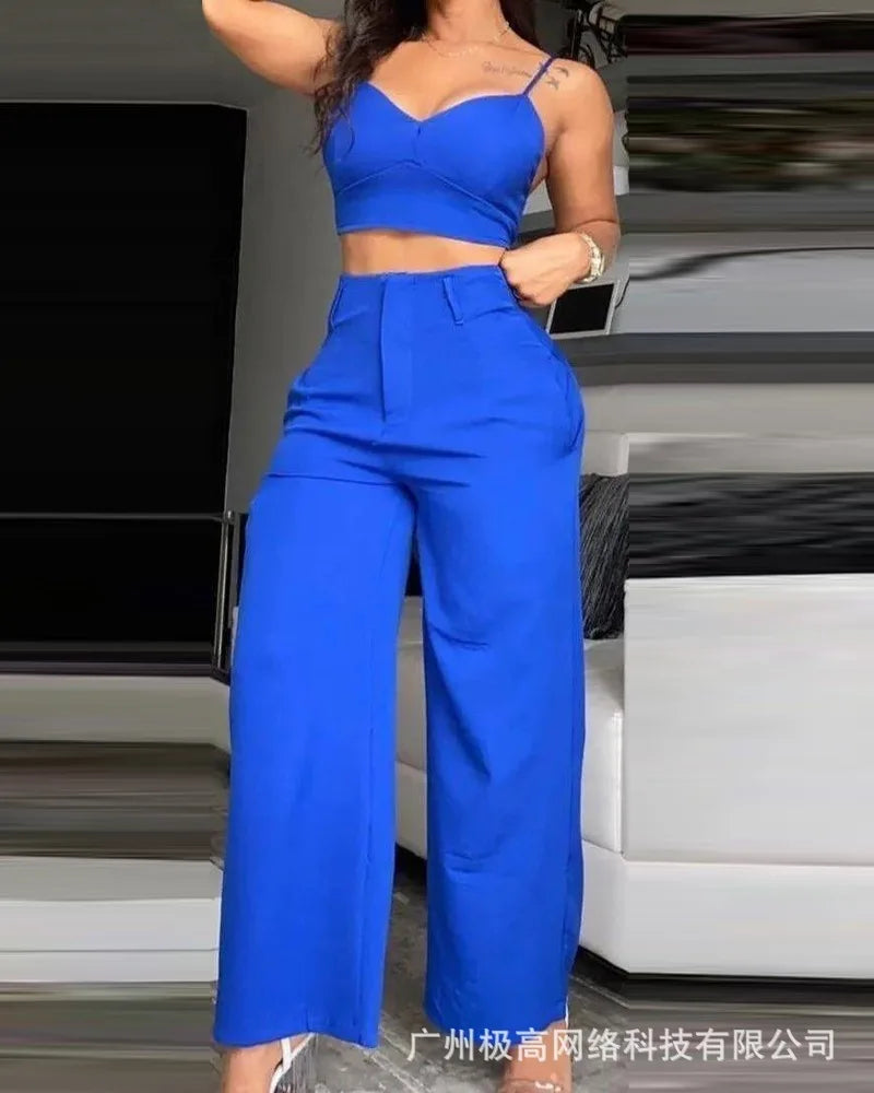Sommer Sexy 2-teiliges Set Frauen V-ausschnitt Strap Geraffte Schlank Crop Top & Spitze-up Breite Bein Hosen Sets elegante Urlaub Dame Anzug