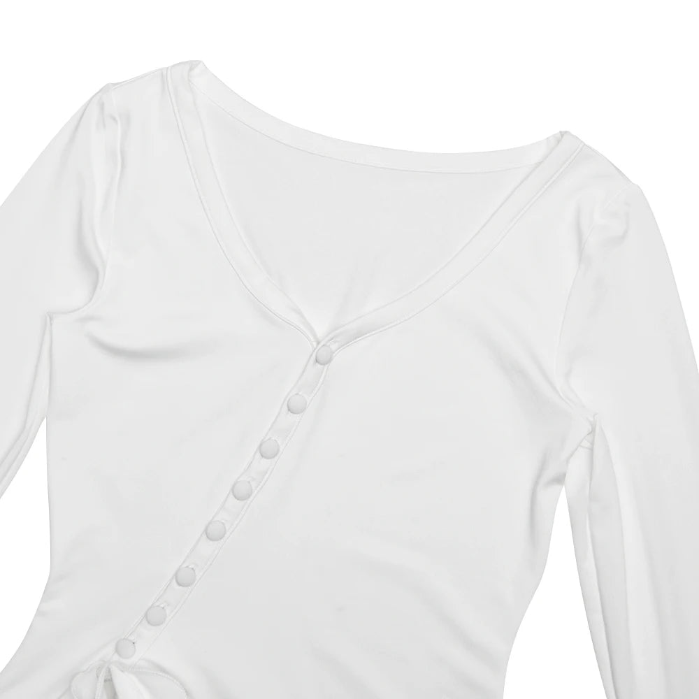 Absobe Damen A-Linie, figurbetontes Minikleid, Rüschensaum, V-Ausschnitt, asymmetrische Knöpfe, lange Ärmel, kurzes Kleid, Party, Streetwear, Outfits