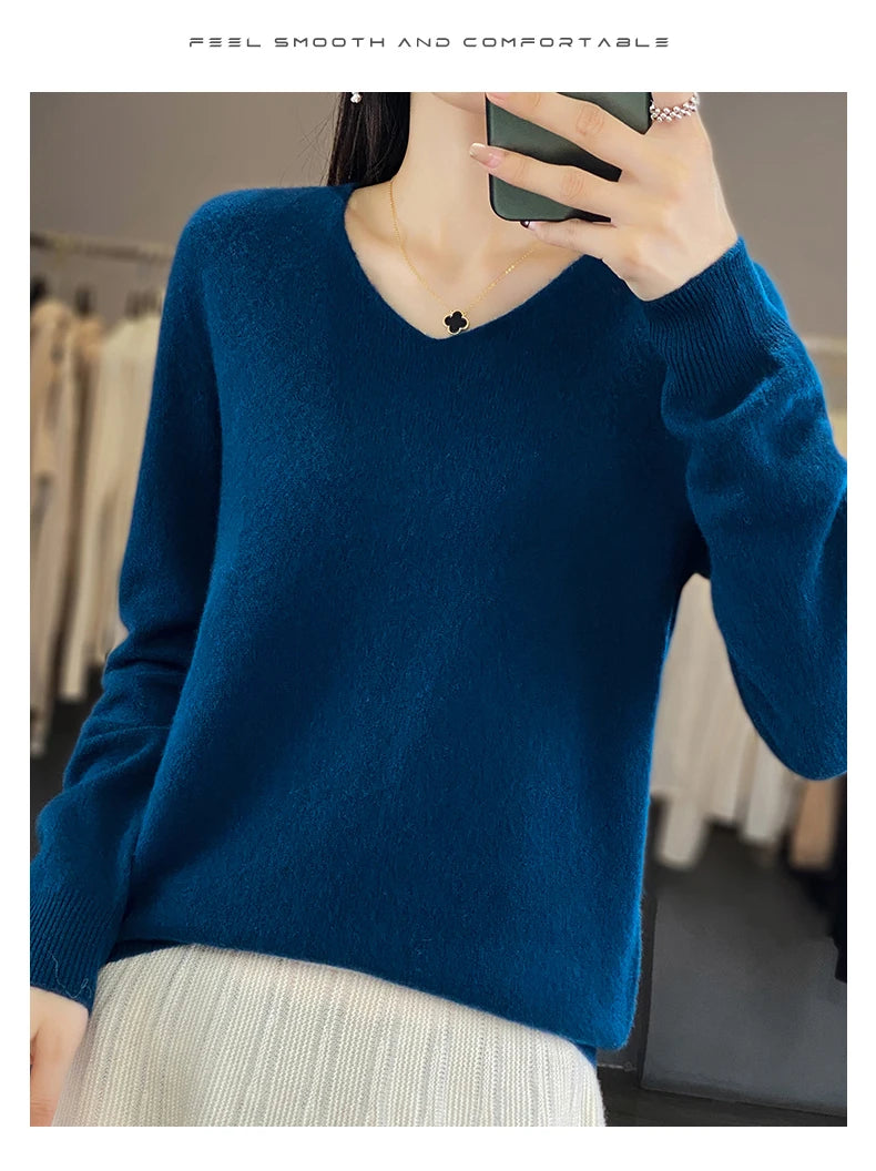 Frauen 100% Merinowolle Pullover V-Ausschnitt Basic Pullover Herbst Winter Kaschmir Kleidung Langarm weiche Strickwaren Tops einfarbig
