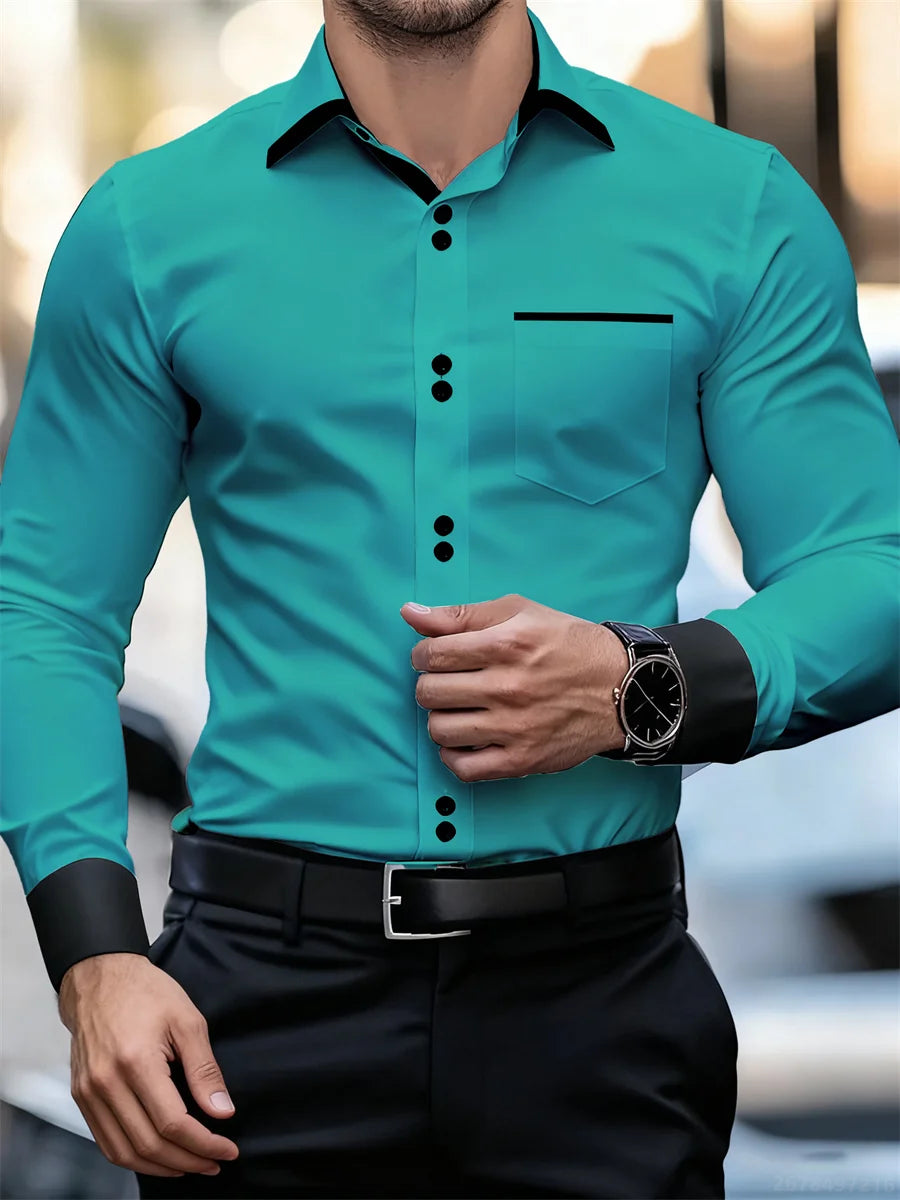 Herren-Business-Langarmhemd mit Farbblockkragen, schmale Passform, knitterfrei, schwarz-weißes Patchwork-Hemd, modisches Herrenoberteil