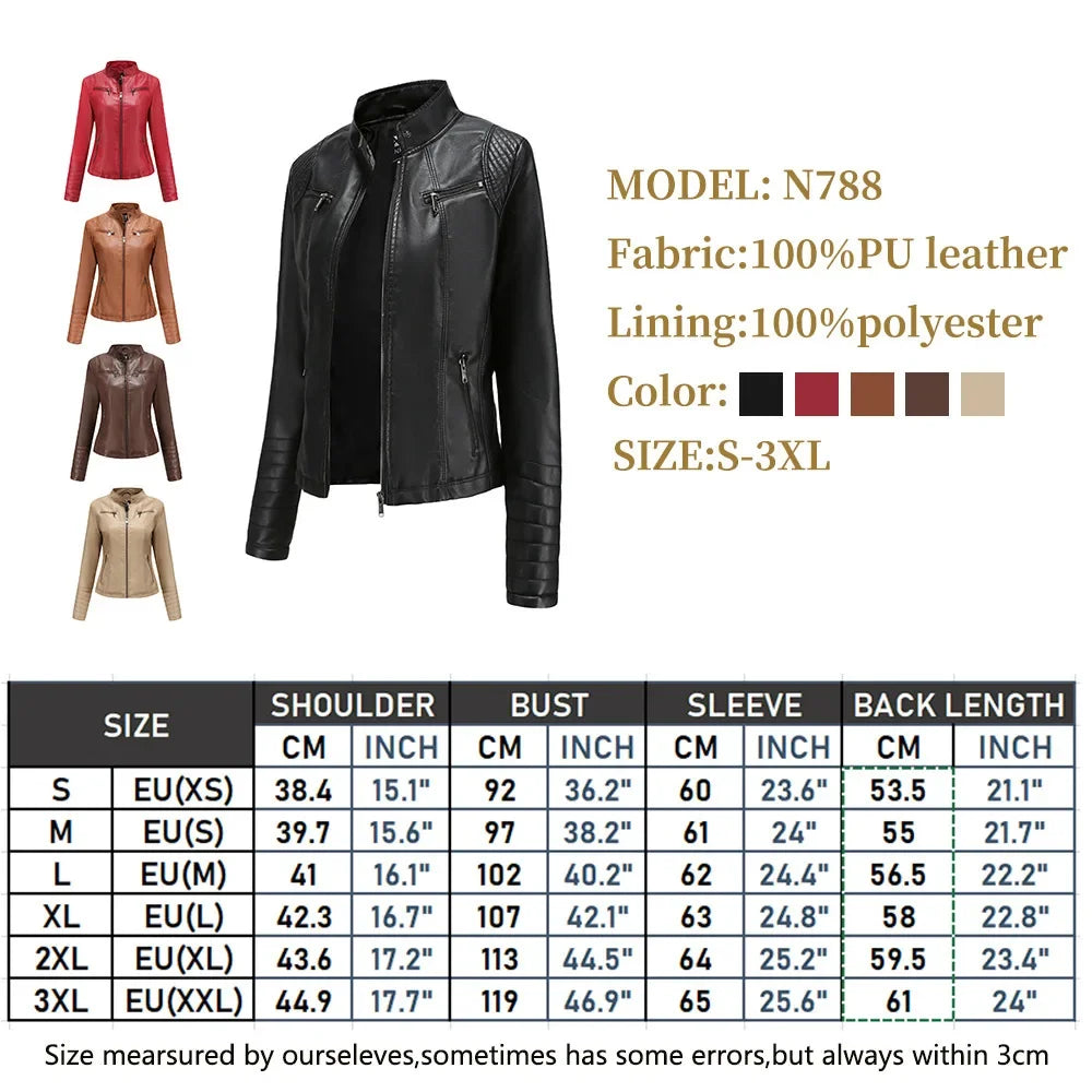 Neue 20-Damen-Lederjacke, dünn, Motorrad-Stil, kurze modische Damenjacke, Stehkragen, volle Ärmel, aus dem Festland China