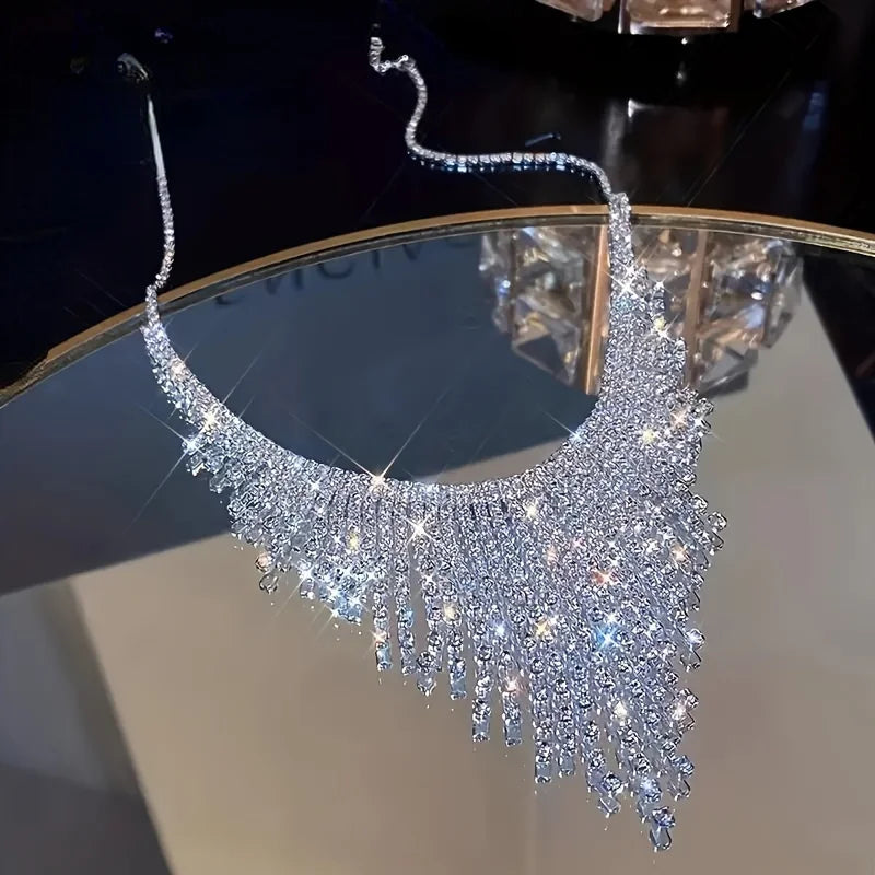 Crystal Tassel Necklace For Women Shiny Geometric Rhinestone Chain Choker Necklace For Dress Nightclub Jazz Dance Jewelry