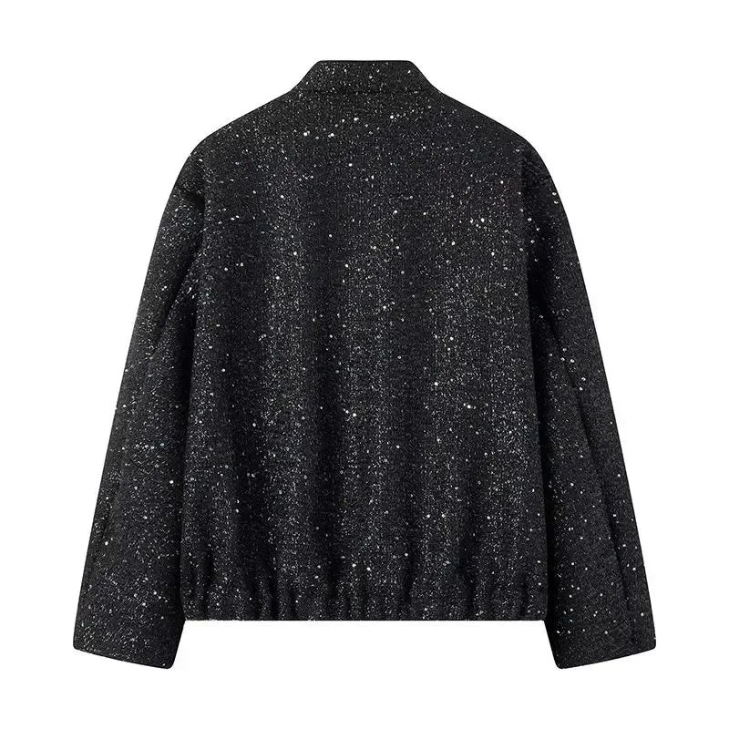 Damen Pailletten Bomber jacke fallen neue Rundhals ausschnitt Langarm Tasche Stretch Saum Pailletten Jacke Mantel weibliche schicke Oberbekleidung