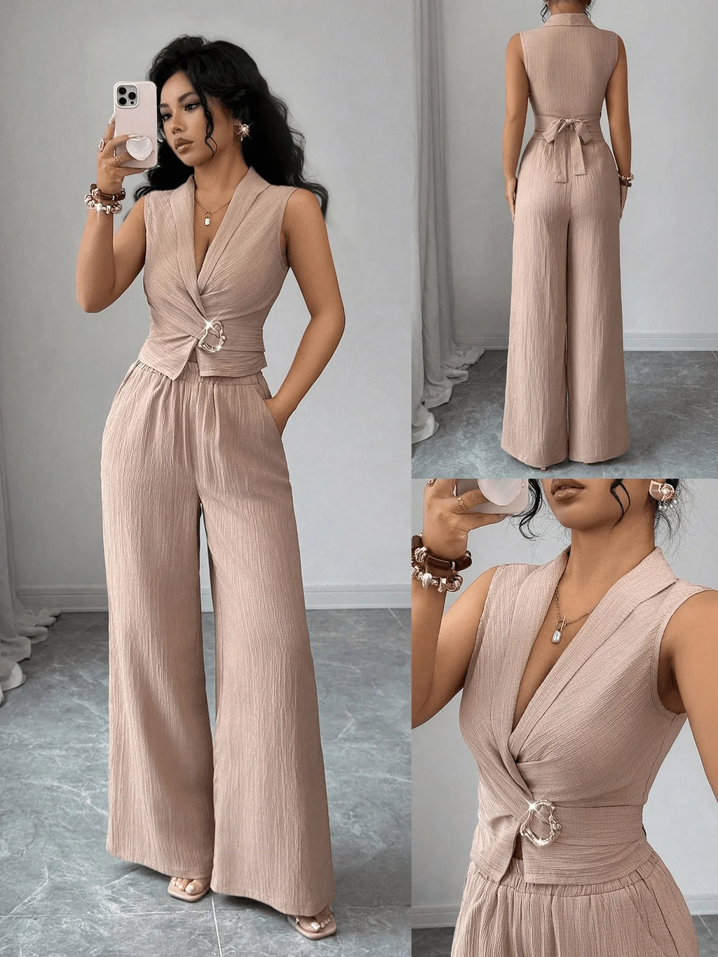 Damen 2-Teiliges Outfit Sommer Ärmelloses Wickel-V-Ausschnitt Crop Top Weite Hose Set Lässiges Elegantes Büro Zweiteiler