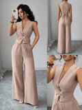 Damen 2-Teiliges Outfit Sommer Ärmelloses Wickel-V-Ausschnitt Crop Top Weite Hose Set Lässiges Elegantes Büro Zweiteiler
