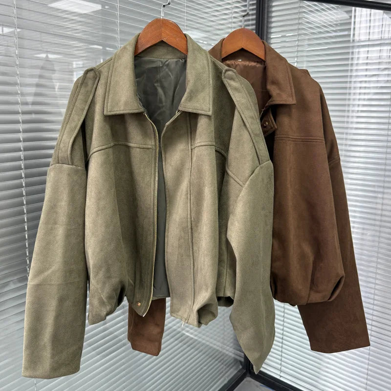 Retro Style Suede Jacket Zipper Collar Outerwear for Women Medium Thickness Long Sleeve Street Fashion Loose Fit Autumn Winter