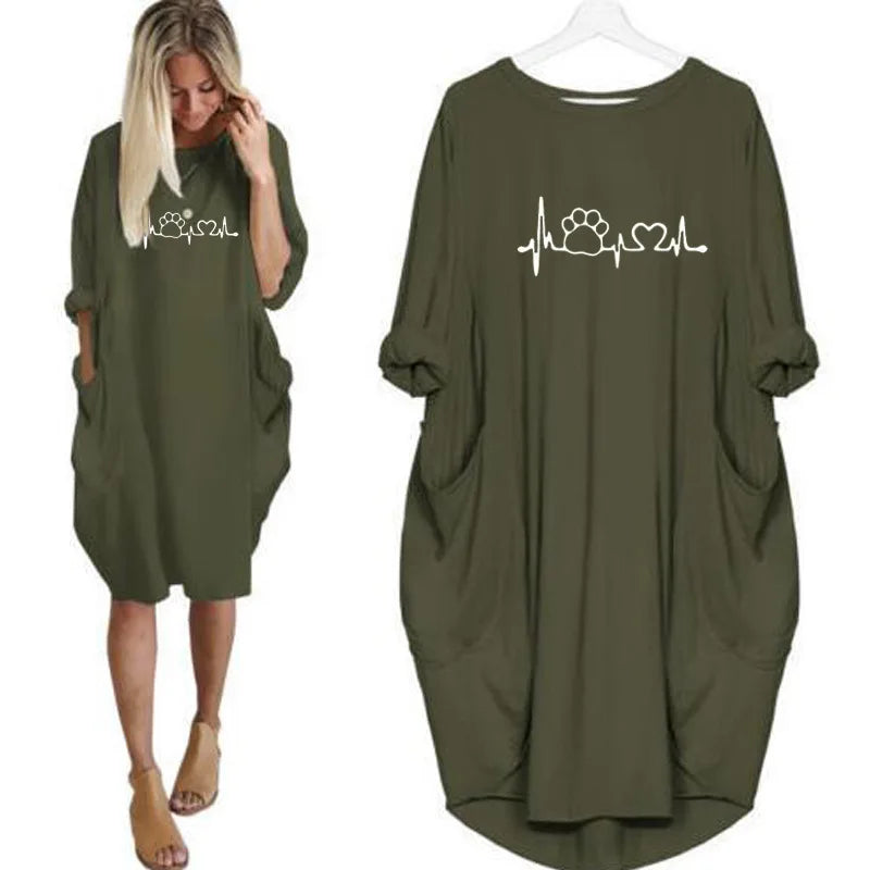Frauen Lose Lange Ärmeln Sommer Plus Größe Kleid Herbst Winter Casual Rundhals Einfarbig Langarm Tasche Lose Pullove