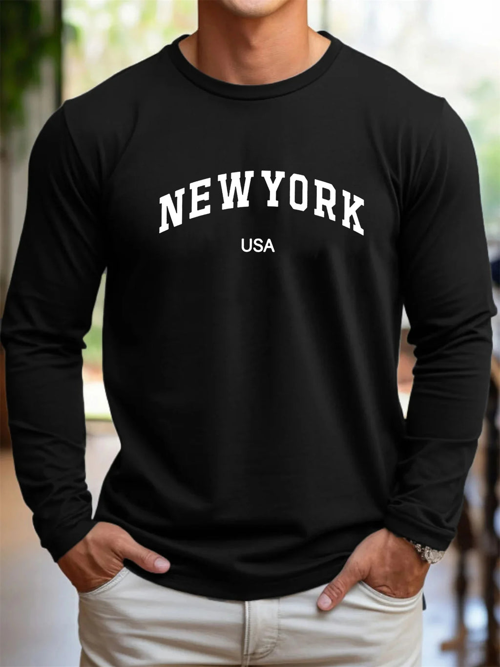 Men's 100% pure cotton comfortable sports casual loose plus size New York USA printed round neck long sleeved T-shirt top