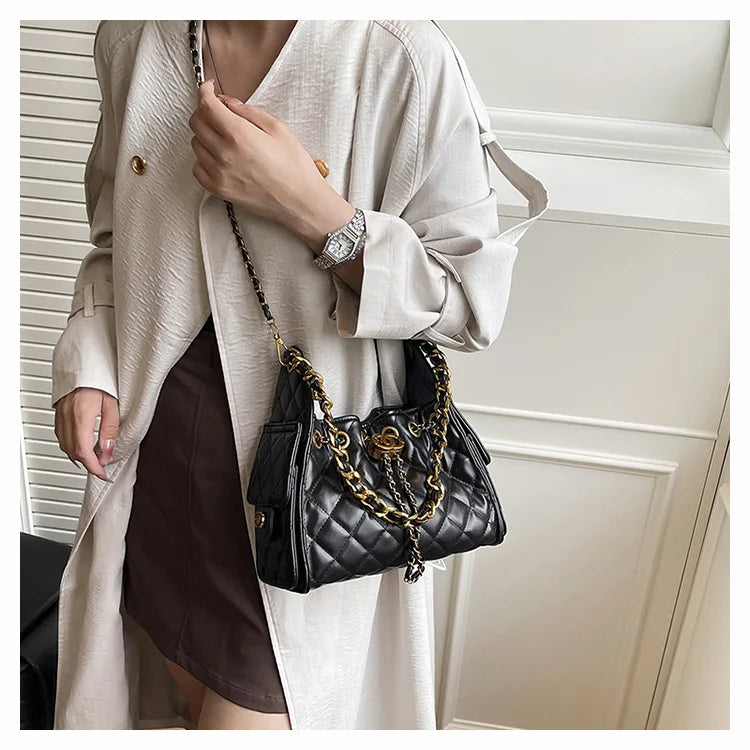 Trendy Geometric Chain Underarm Bag Women's Shoulder Bag Commuter Crossbody Bag Versatile PU Bucket Bag Autumn New Style