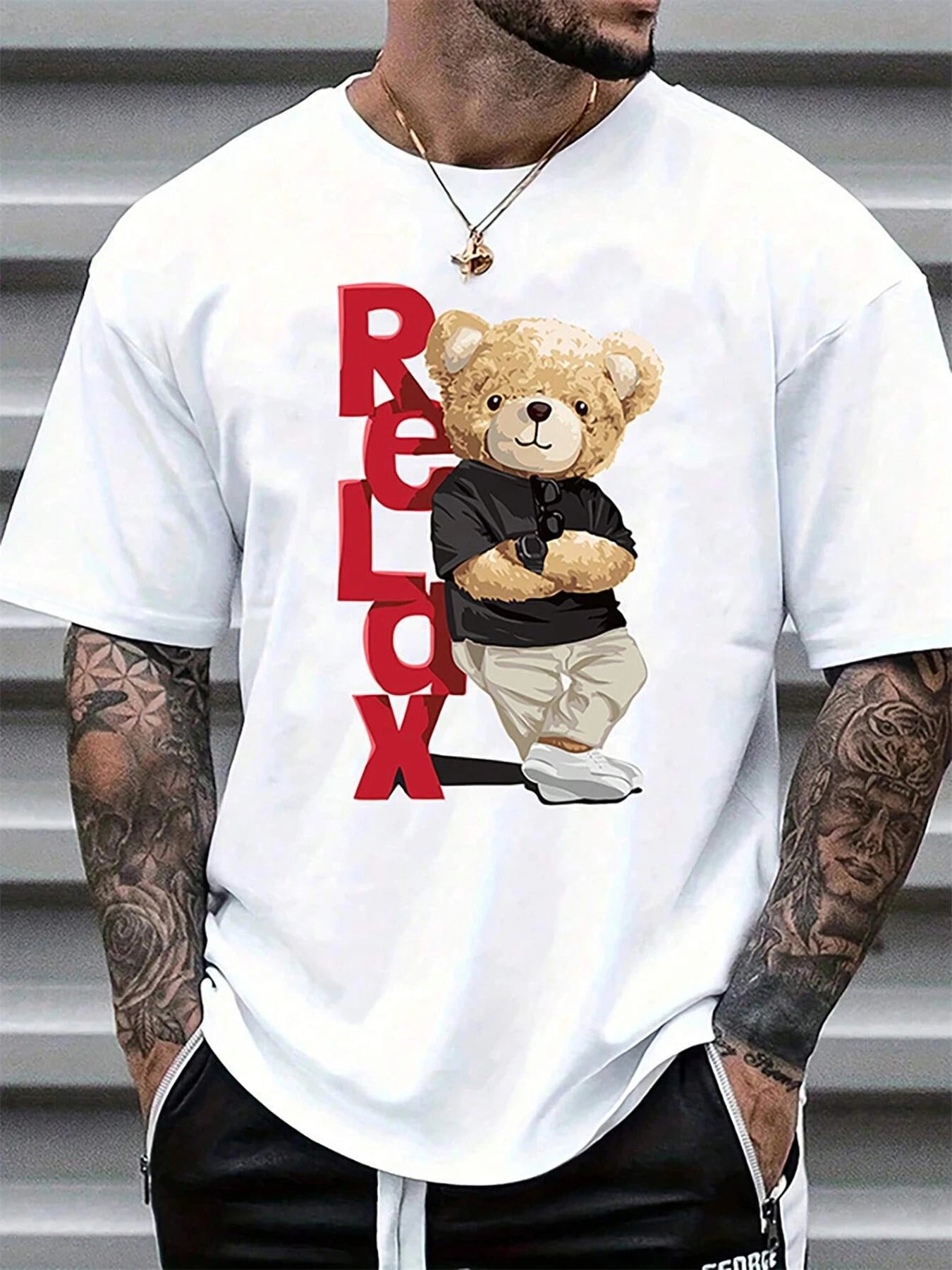 Men's Summer 100% Cotton Fashionable Casual Loose Large Size Letter Bear Printed Sports Round Neck Short Sleeve T-shirt Top