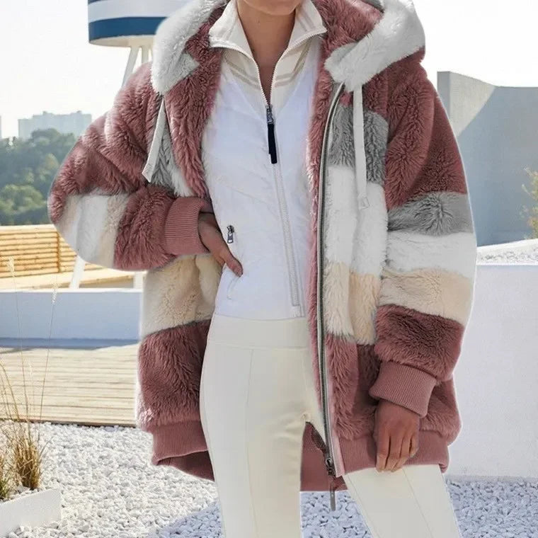Warme Fleece-Übergroße Kapuzenjacke für Damen, Herbst und Winter, verdickte Reißverschlusstasche, Patchwork-Kleidung, bequemes Sweatshirt