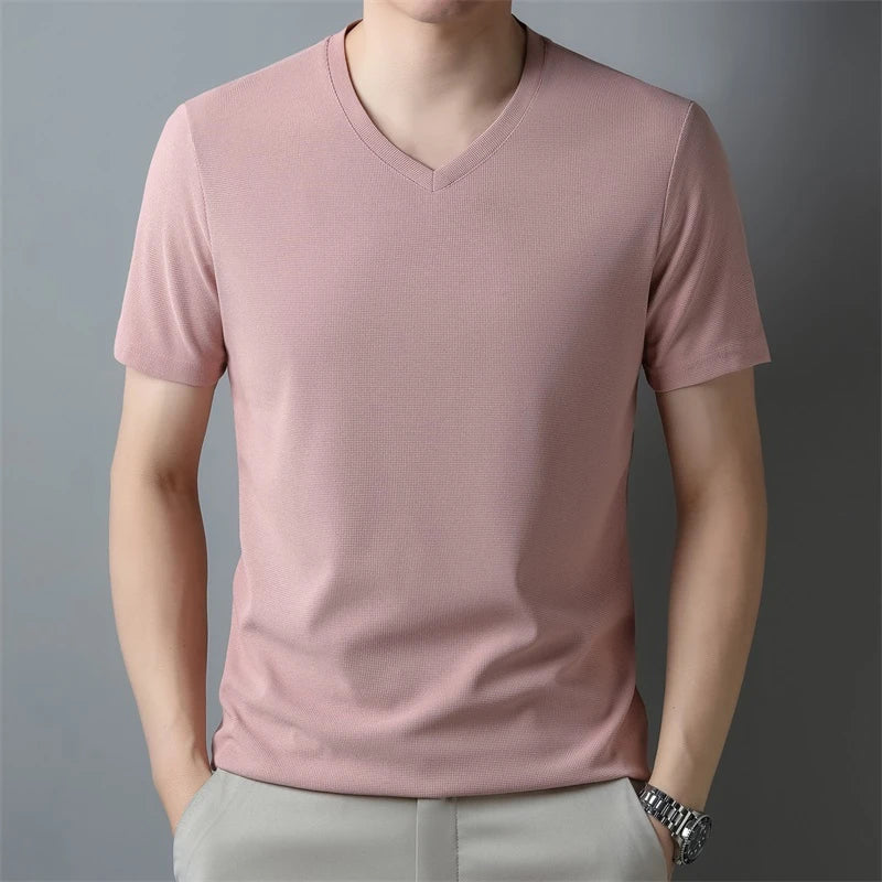 2024 Herren Neues Waffel-T-Shirt mit V-Ausschnitt und kurzen Ärmeln, Sommer, bequemes Oberteil
