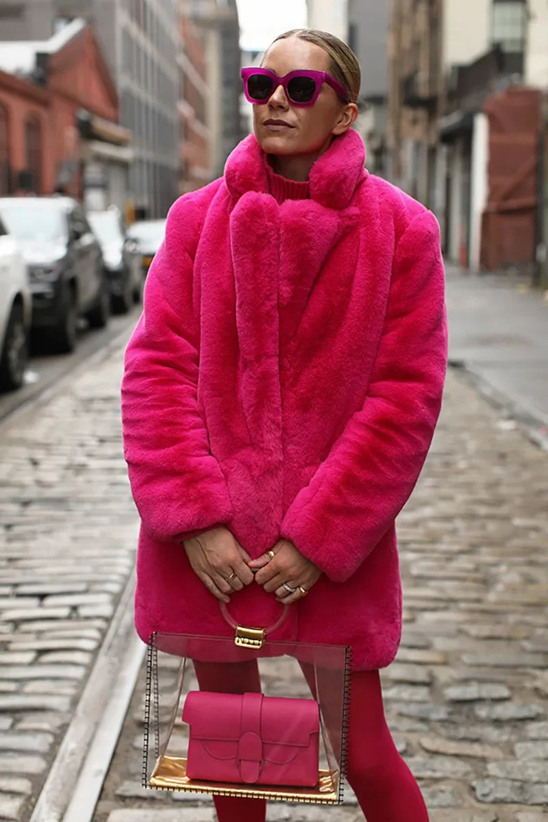 Mittellanger Kunstpelzmantel für Damen, Winter-Plüschjacke, Übergrößenmantel, flauschige Reversjacke, weibliche Oberbekleidung, flauschiges Oberteil