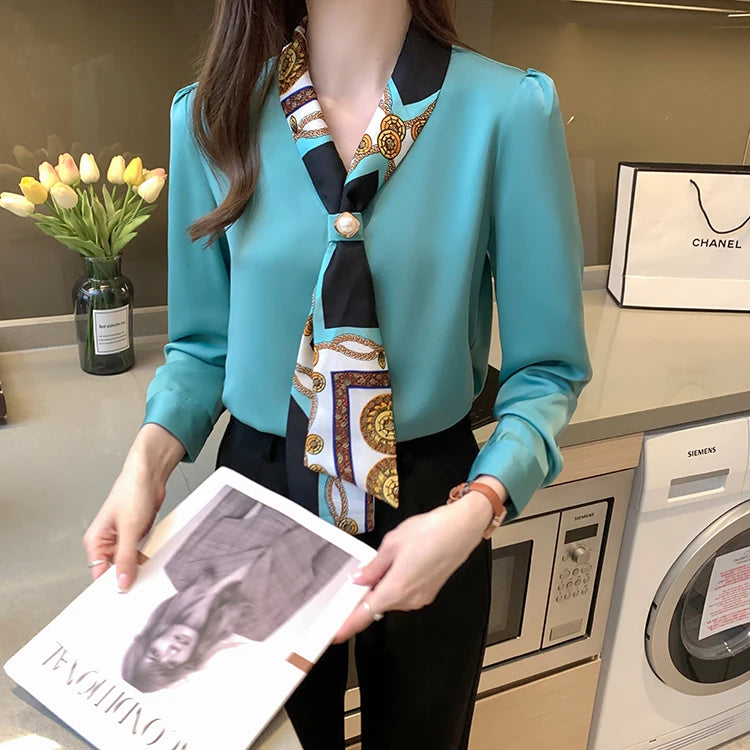H Han Königin Frühling Chiffon Einfache Büro Dame Bluse Weibliches Hemd Bogen Tops Langarm Casual Koreanische OL Lose Blusen Frauen