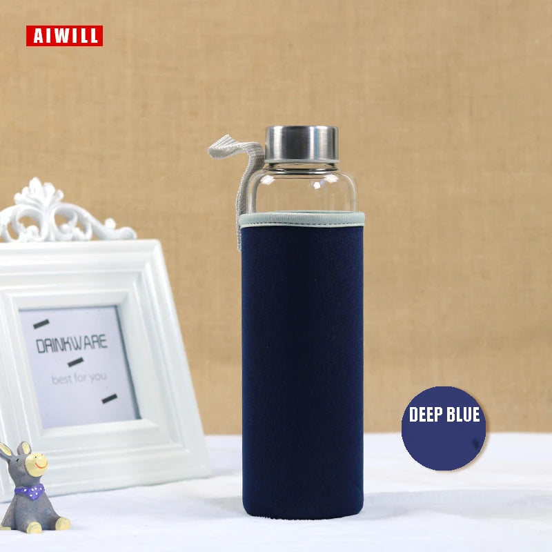AIWILL Heißer Verkauf Glas Sport Wasser Flasche Mit Schutzhülle Tasche 280 ml/360 ml/550 ml Obst Outdoor fahrrad Flaschen Hohe Qualität