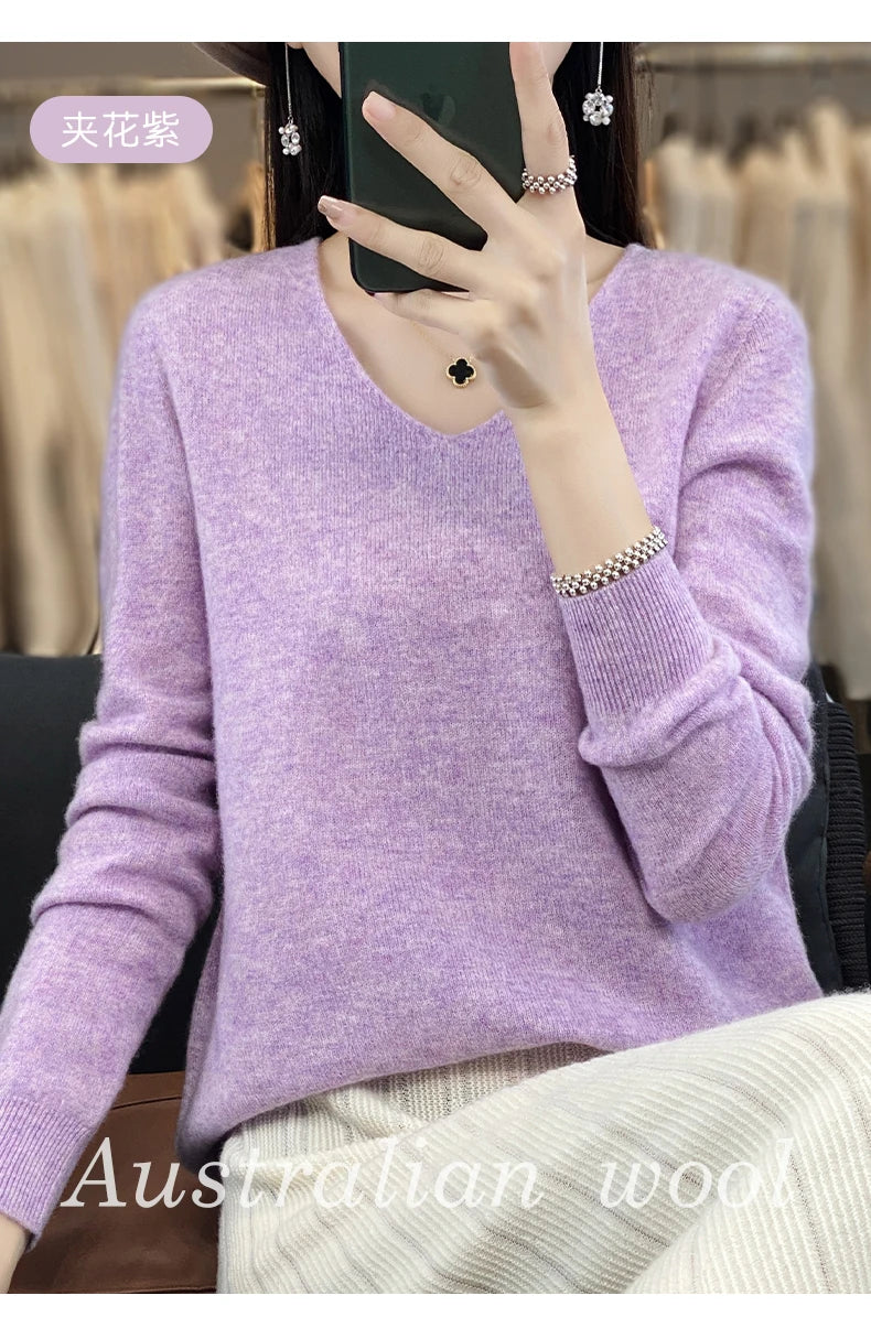 Frauen 100% Merinowolle Pullover V-Ausschnitt Basic Pullover Herbst Winter Kaschmir Kleidung Langarm weiche Strickwaren Tops einfarbig