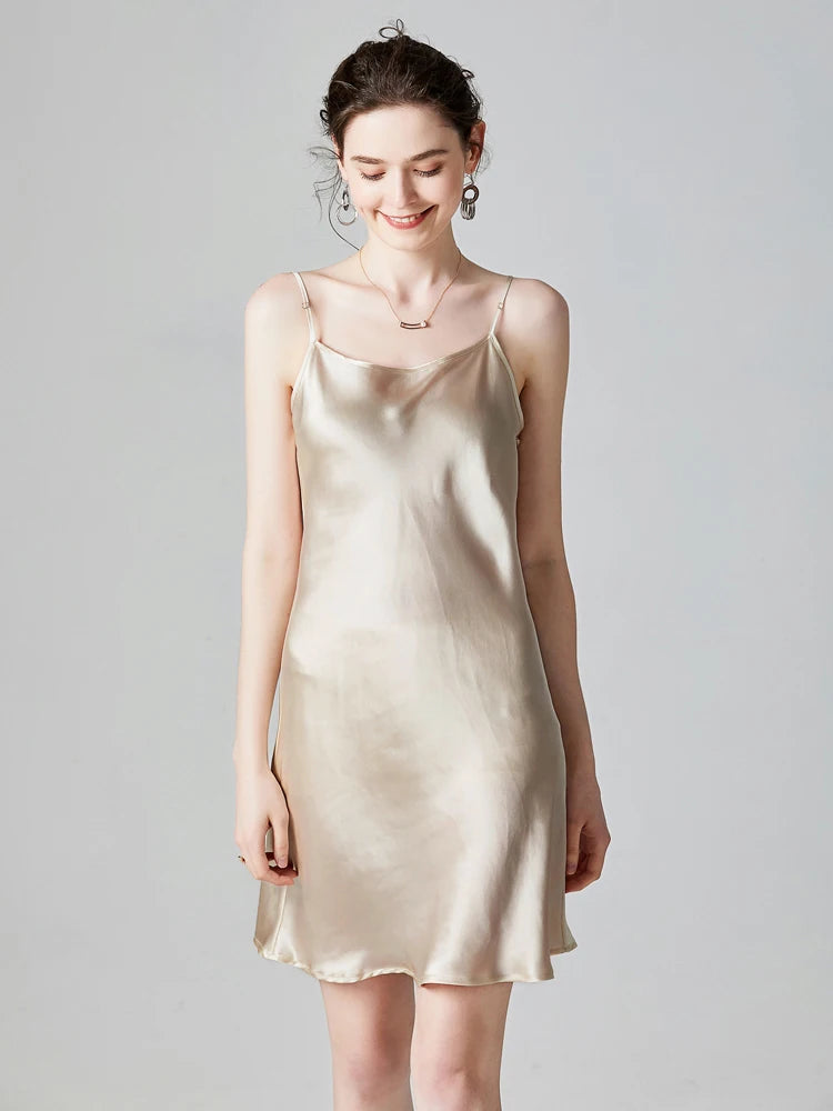 SuyaDream Damen-Minikleid, 19 mm, 100 % echte Seide, ärmellos, solide Spaghettiträger, Schlafkleider, 2022, elegante, schicke Kleidung