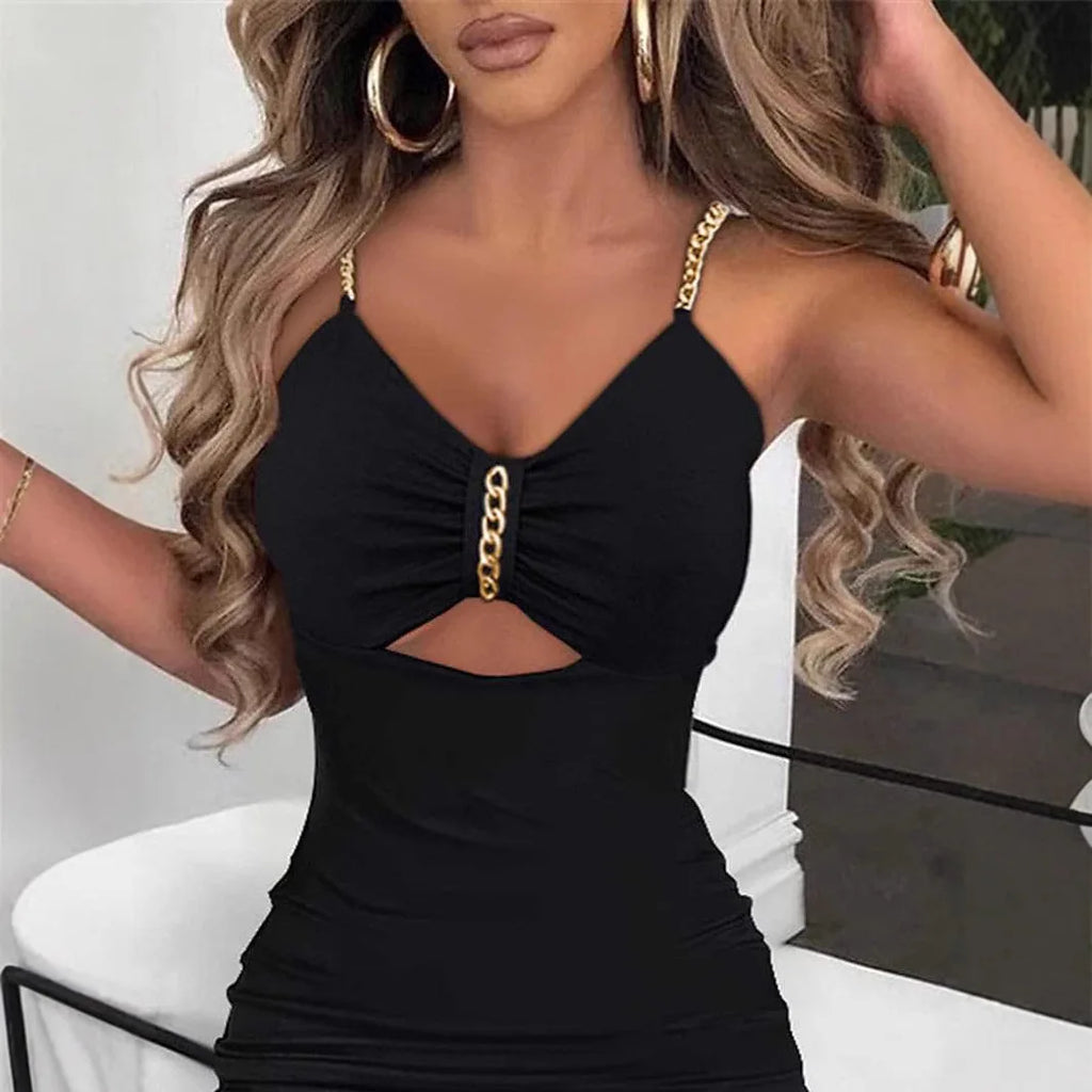Slip Kleid Frauen Sexy Sommerkleid Split Kette Aushöhlen V-ausschnitt Ärmelloses Maxi Kleid Bodycon Vestidos Party Mantel Kleider 2023
