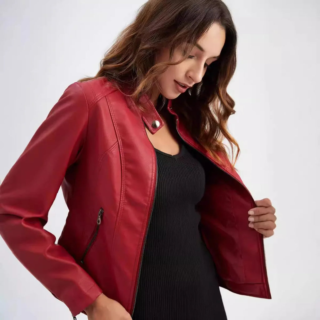 Slim Fit Biker Style Women's Leather Jacket Coat Thin Spring Autumn Stand Collar Long Sleeve Streetwear Trendy Fashion Outerwear