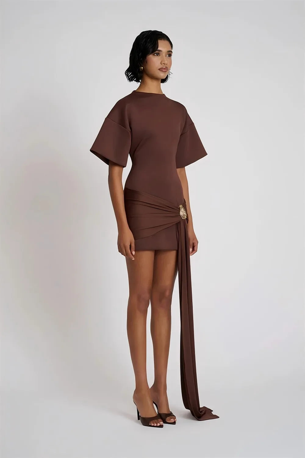 Apprabant Women Buckle Ruched Ribbon Mini Dress O-Neck Metal Short Sleeve Solid Color Silm Bodycon Short Dress Casual Partywear