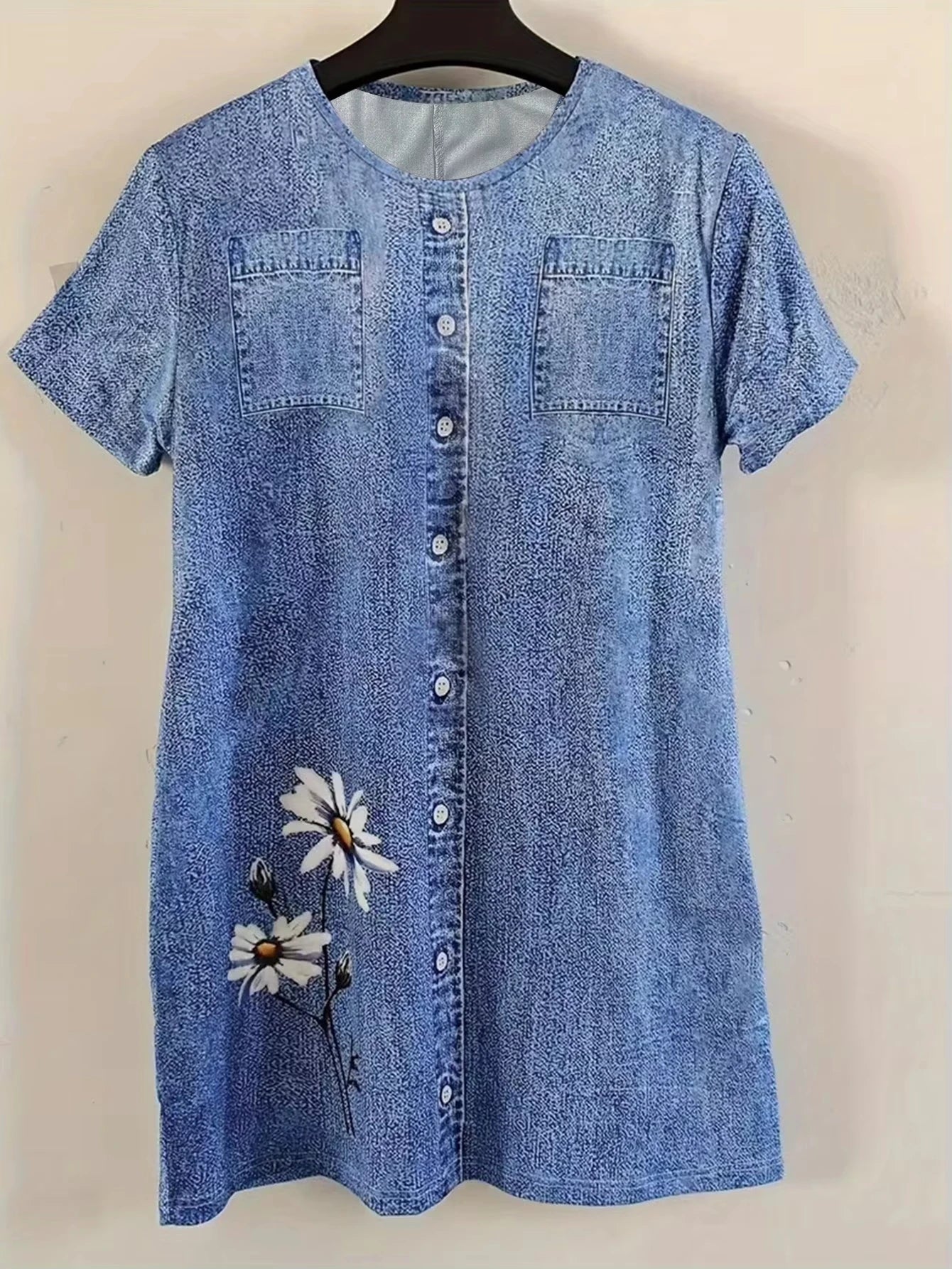 Damen Daisy 3D-Print Faux-Denim Midikleid Sommer Lässiges Kurzarm-Kleid mit Fake-Knopfleiste A-Linie Fließendes Sommerkleid für Strandurlaub