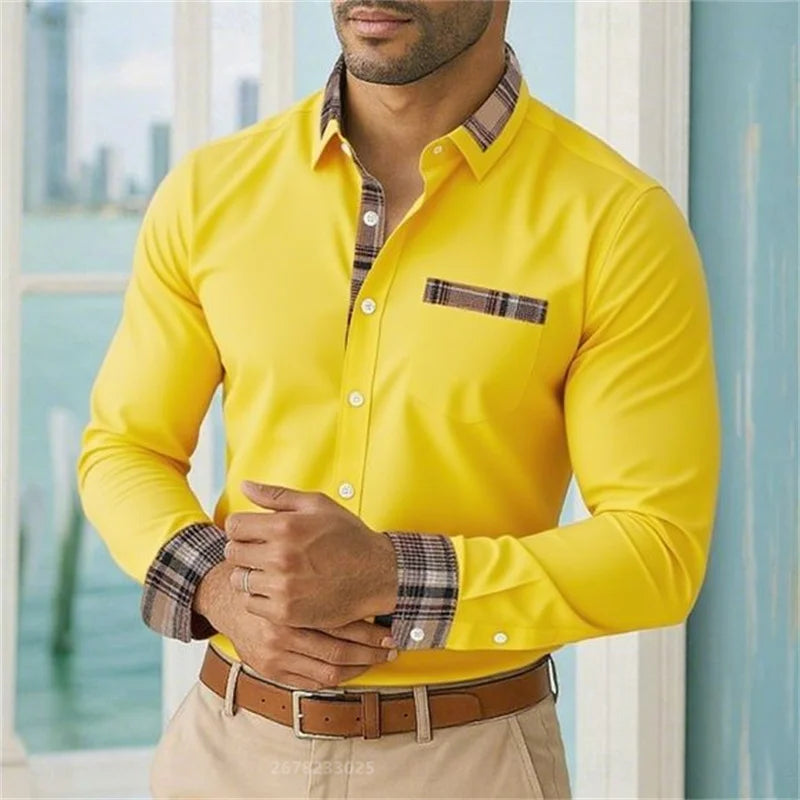 2025 men's lapel long-sleeved button-down casual shirt soft and comfortable daily vacation outdoor office high-quality tops