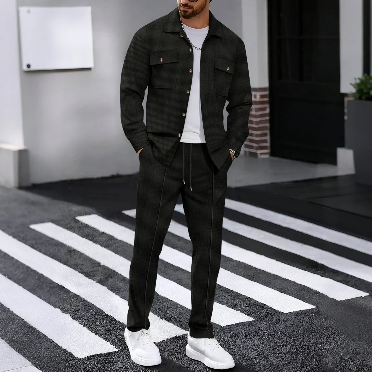 Männer Frühling Herbst Casual Anzug Street Style Einfarbig Lose Gepolsterte Lange Ärmeln Zwei-Stück Set Modische Oberbekleidung anzug set