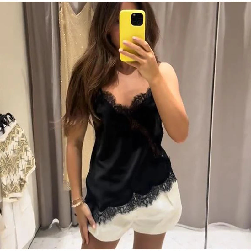 Sommer Frauen Halter Top Satin Spitze Gespleißt Tank Backless Tiefem Hals Sexy Weste Unregelmäßigen Saum Vestidos 2025, Dame Urlaub Sexy Tops
