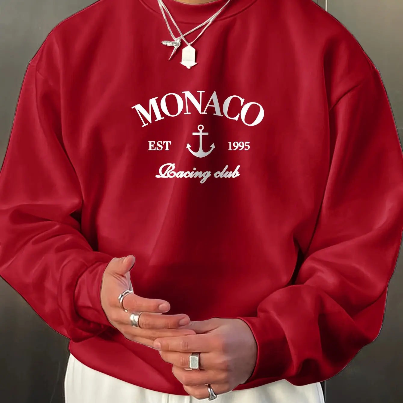 Men's autumn and winter fashionable casual loose monaco letter print fleece pullover long sleeved round neck sweatshirt
