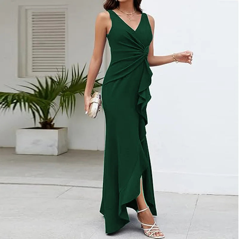 Sexy Schlitz, Rüschen, ärmellos, Abendkleider für Damen, modisch, V-Ausschnitt, schlank, plissiert, elegantes weibliches Maxi-langes Kleid 2025,