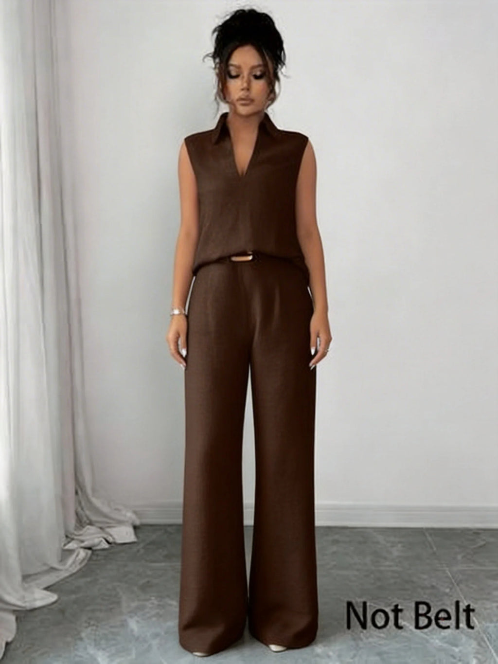 2026 Sommer Neues Ärmelloses V-Ausschnitt-Set mit Weiten Hosen, Französischer Stil Hochwertiges Business-Casual Zweiteiler-Set, Elegante und Schlankmachende Übergrößen-Damenkleidung, Geeignet für Büro, Alltag und Urlau
