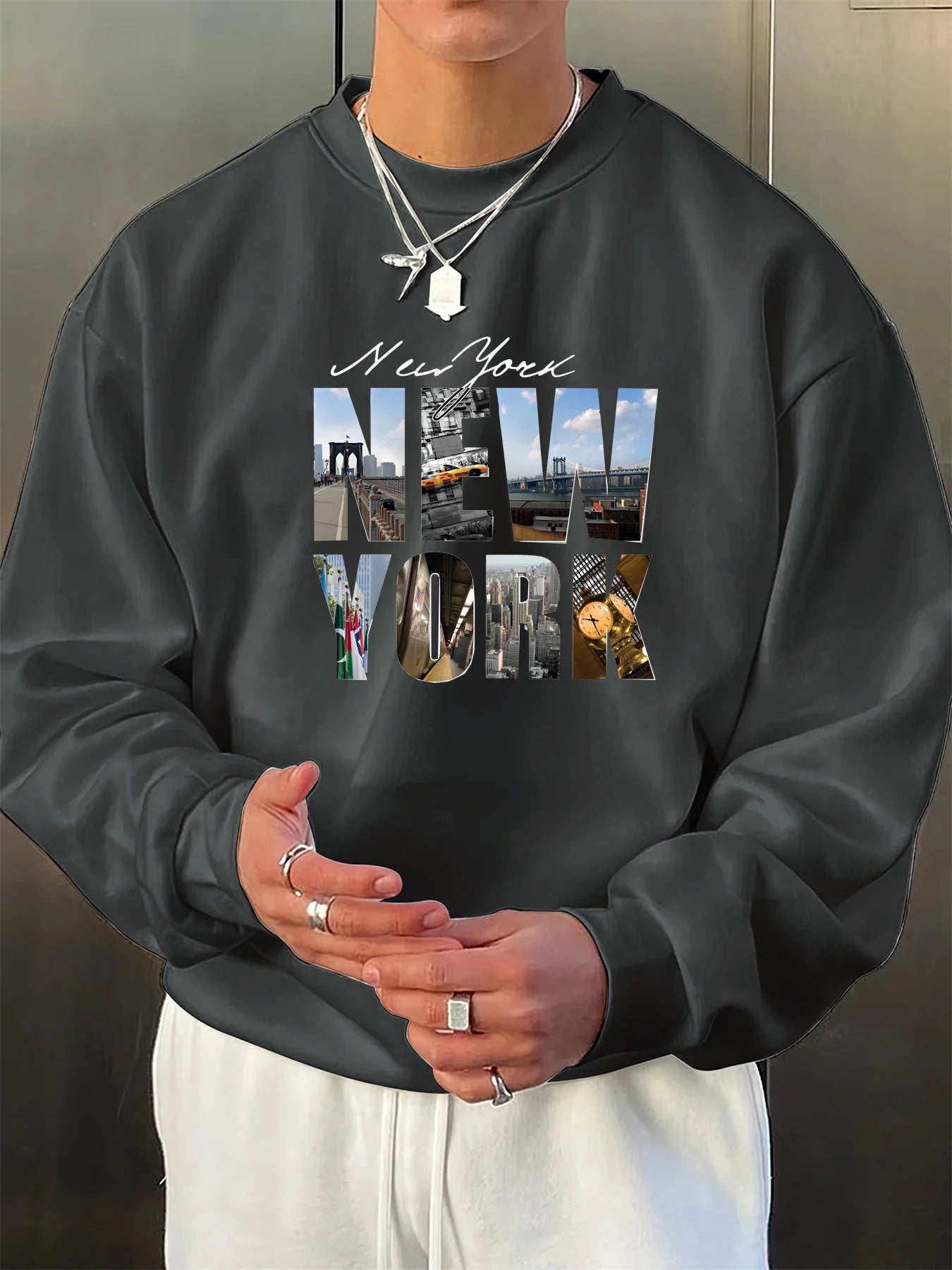 Men's autumn and winter fashionable casual loose New York City graphic printed long sleeved round neck sweatshirt