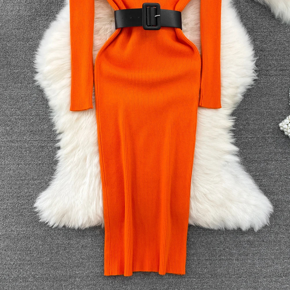 REALEFT Herbst Winter 2025, neue Rollkragen frauen Gestrickte Kleider mit Gürtel Langarm Elegante Bodycon Wrap Kleid Weibliche